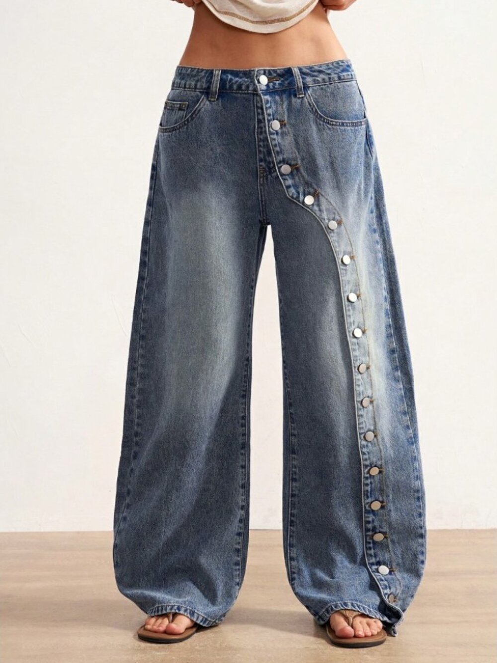 Blue Denim Wide Leg Jeans with Curved Button Trim